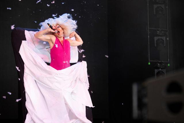 A member of French band Madame Ose Bashung performs on stage during the 36th edition of the Eurockeennes de Belfort music festival, in Sermamagny, eastern France, on July 4, 2026. (Photo by ROMEO BOETZLE / AFP)