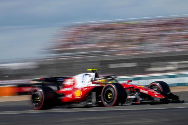 Ferrari's British driver Lewis Hamilton drives during the qualifying session ahead of the Formula One British Grand Prix at the Silverstone motor racing circuit in Silverstone, central England, on July 4, 2026. (Photo by Ben STANSALL / AFP)