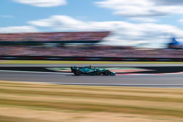 Aston Martin's Canadian driver Lance Stroll drives during the qualifying session ahead of the Formula One British Grand Prix at the Silverstone motor racing circuit in Silverstone, central England, on July 4, 2026. (Photo by Andrej ISAKOVIC / AFP)