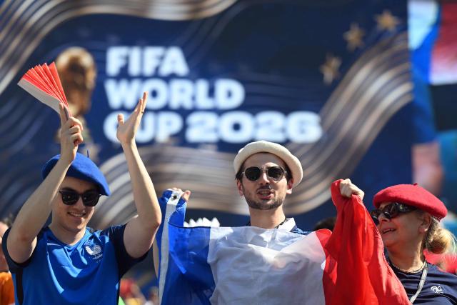 French fans cheer their team ahead of the 2026 World Cup football tournament round of 16 match between Paraguay and France at Philadelphia Stadium in Philadelphia on July 4, 2026.  (Photo by MAURO PIMENTEL / AFP)