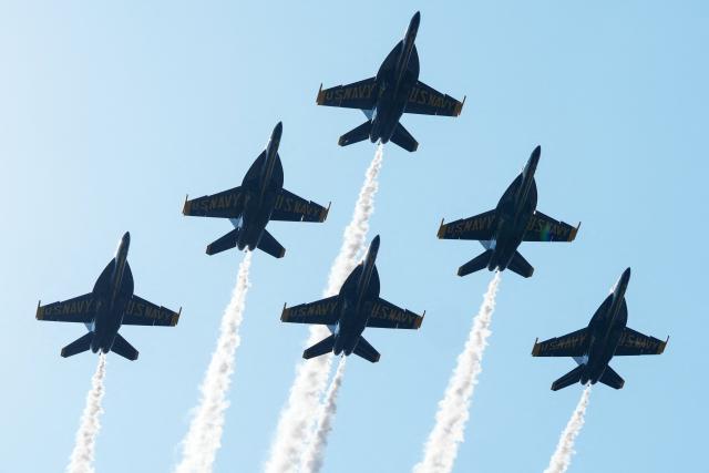 The US Navy Blue Angels perform a flyover during the "Salute to America" Independence Day celebration on the National Mall in Washington, DC, on July 4, 2026. The nation is marking the 250th anniversary of the United States Declaration of Indpendence. (Photo by Ken Cedeno / AFP)