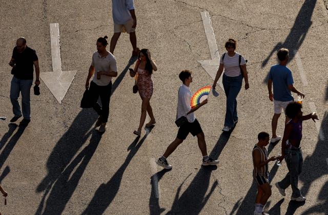 Aerial view of participants attending the LGBTIQ (lesbian, gay, bisexual, transgender, intersex and queer) Pride parade in Madrid, on July 04, 2026. (Photo by OSCAR DEL POZO / AFP)