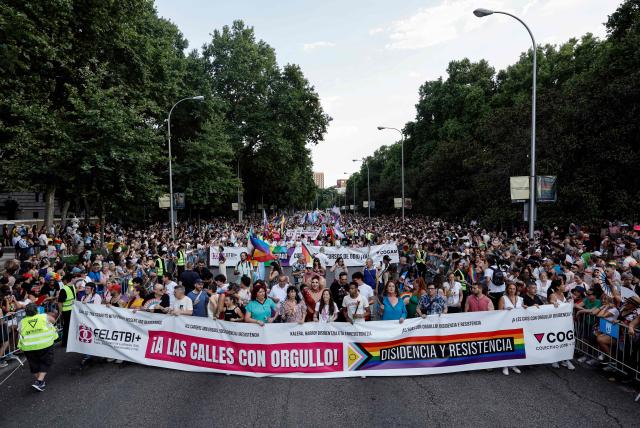 Participants attend the LGBTIQ (lesbian, gay, bisexual, transgender, intersex and queer) Pride parade in Madrid, on July 04, 2026. (Photo by OSCAR DEL POZO / AFP)