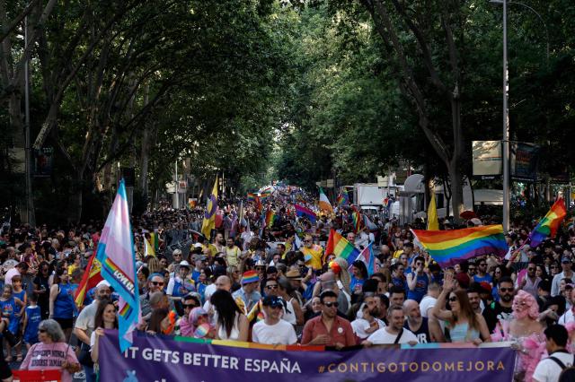 Participants attend the LGBTIQ (lesbian, gay, bisexual, transgender, intersex and queer) Pride parade in Madrid, on July 04, 2026. (Photo by OSCAR DEL POZO / AFP)