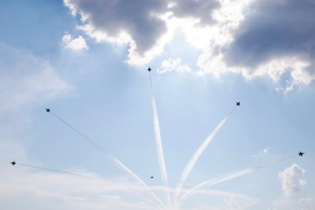 The US Navy Blue Angels perform a flyover during the "Salute to America" Independence Day celebration on the National Mall in Washington, DC, on July 4, 2026. The nation is marking the 250th anniversary of the United States Declaration of Indpendence. (Photo by Amid FARAHI / AFP)