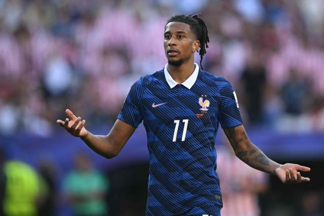 France's forward #11 Michael Olise reacts during the 2026 World Cup round of 16 football match between Paraguay and France at the Philadelphia Stadium in Philadelphia on July 4, 2026.  (Photo by MAURO PIMENTEL / AFP)