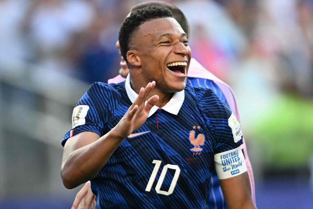 France's forward #10 Kylian Mbappe celebrates after winning the 2026 World Cup round of 16 football match between Paraguay and France at the Philadelphia Stadium in Philadelphia on July 4, 2026.  (Photo by MAURO PIMENTEL / AFP)