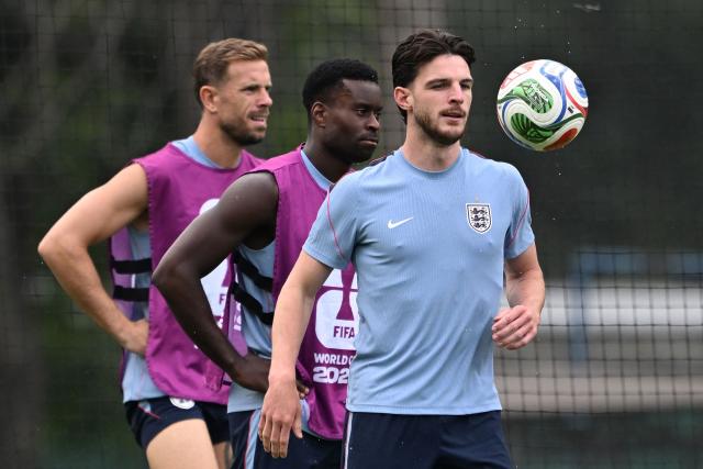 England's midfielder #04 Declan Rice takes part in a training session at the Pumas training grounds in Mexico City on July 4, 2026, on the eve of the 2026 World Cup round of 16 football match between Mexico and England. (Photo by Carl de Souza / AFP)