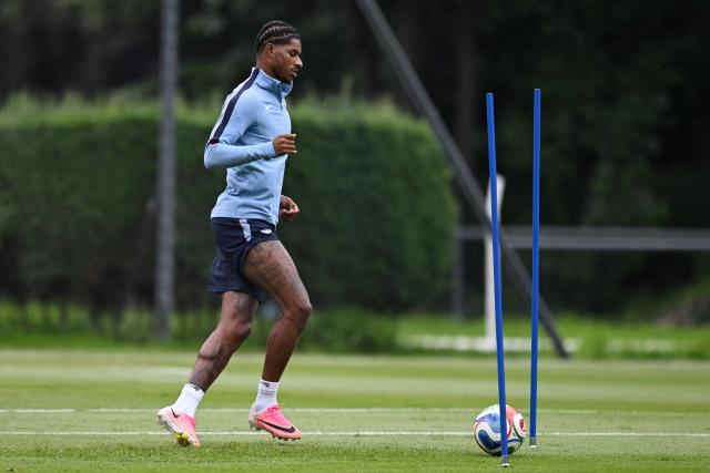 England's forward #11 Marcus Rashford takes part in a training session at the Pumas training grounds in Mexico City on July 4, 2026, on the eve of the 2026 World Cup round of 16 football match between Mexico and England. (Photo by CARL DE SOUZA / AFP)