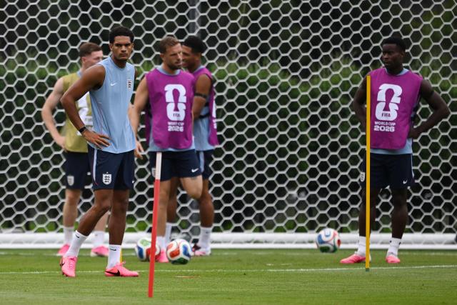 England's defender #26 Jarell Quansah takes part in a training session at the Pumas training grounds in Mexico City on July 4, 2026, on the eve of the 2026 World Cup round of 16 football match between Mexico and England. (Photo by CARL DE SOUZA / AFP)