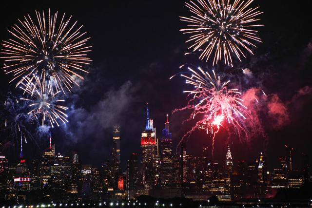 Fireworks light up the Manhattan skyline during the Macy's Fourth of July Fireworks celebration in New York City, as seen from Liberty State Park in Jersey City, New Jersey, on July 4, 2026. (Photo by kena betancur / AFP)