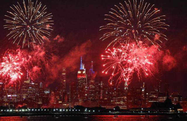 Fireworks light up the Manhattan skyline during the Macy's Fourth of July Fireworks celebration in New York City, as seen from Liberty State Park in Jersey City, New Jersey, on July 4, 2026. (Photo by kena betancur / AFP)