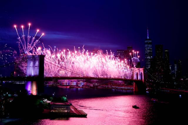 Fireworks light up the Brooklyn Bridge during the Macy's Fourth of July Fireworks celebration in New York City, on July 4, 2026. (Photo by Leonardo MUNOZ / AFP)
