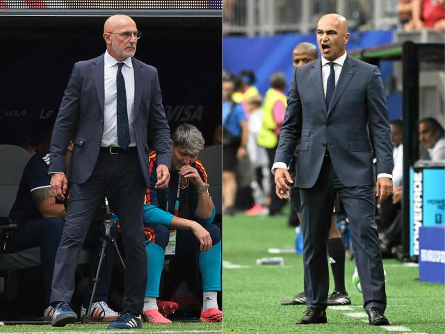 (COMBO) This combination of pictures created on July 04, 2026 shows Spain's head coach Luis de la Fuente (L) at the Los Angeles Stadium in Inglewood on July 2, 2026 and Portugal's Spanish head coach Roberto Martinez at the Houston Stadium in Houston on June 17, 2026 during the 2026 World Cup football tournament. Portugal will face Spain in the 2026 World Cup round of 16 match at Dallas Stadium in Dallas on July 6,2026. (Photo by Etienne LAURENT and RONALDO SCHEMIDT / AFP)