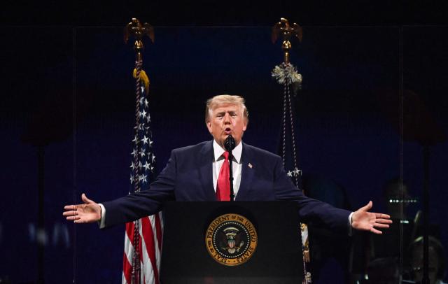 US President Donald Trump speaks during the "Salute to America" Independence Day celebration on the National Mall in Washington, DC, on July 4, 2026. The nation is marking the 250th anniversary of the United States Declaration of Indpendence. (Photo by Alex WROBLEWSKI / AFP)