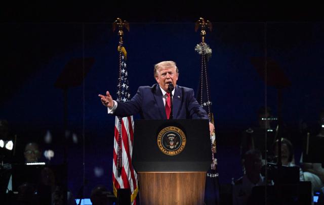 US President Donald Trump speaks during the "Salute to America" Independence Day celebration on the National Mall in Washington, DC, on July 4, 2026. The nation is marking the 250th anniversary of the United States Declaration of Indpendence. (Photo by Alex WROBLEWSKI / AFP)