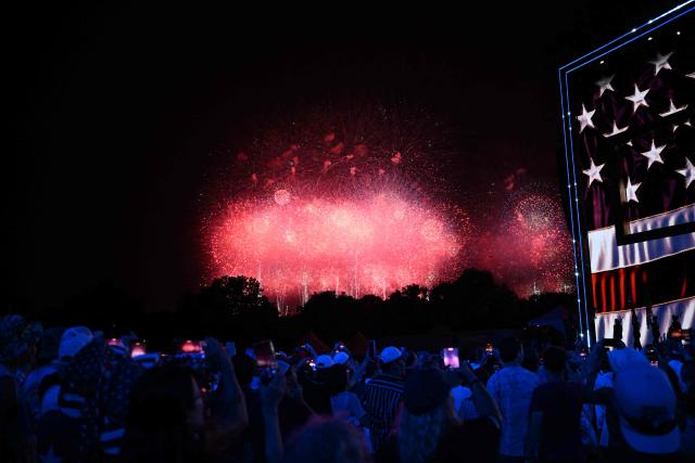 A fireworks display is seen during the "Salute to America" Independence Day celebration on the National Mall in Washington, DC, in the early morning hours of July 5, 2026. The nation is marking the 250th anniversary of the United States Declaration of Indpendence. (Photo by Alex WROBLEWSKI / AFP)
