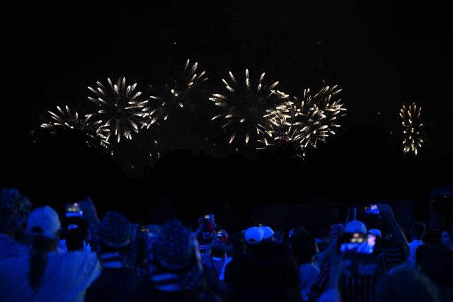 A fireworks display is seen during the "Salute to America" Independence Day celebration on the National Mall in Washington, DC, in the early morning hours of July 5, 2026. The nation is marking the 250th anniversary of the United States Declaration of Indpendence. (Photo by Alex WROBLEWSKI / AFP)