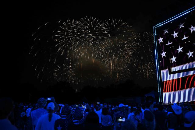 A fireworks display is seen during the "Salute to America" Independence Day celebration on the National Mall in Washington, DC, in the early morning hours of July 5, 2026. The nation is marking the 250th anniversary of the United States Declaration of Indpendence. (Photo by Alex WROBLEWSKI / AFP)