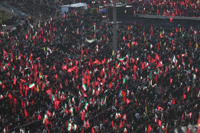 Mourners gather at the Grand Mosalla to pay their final respects to Iran's slain supreme leader Ayatollah Ali Khamenei in Tehran on July 5, 2026. Iran officially began on July 4 morning six days of public funeral ceremonies for late supreme leader Ayatollah Ali Khamenei, state television reported, with processions due to continue in Iraq before his burial. (Photo by AFP) / 