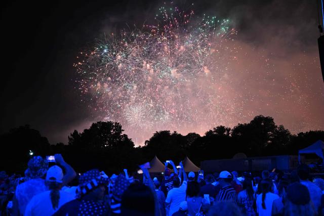 A fireworks display is seen during the "Salute to America" Independence Day celebration on the National Mall in Washington, DC, in the early morning hours of July 5, 2026. The nation is marking the 250th anniversary of the United States Declaration of Indpendence. (Photo by Alex WROBLEWSKI / AFP)