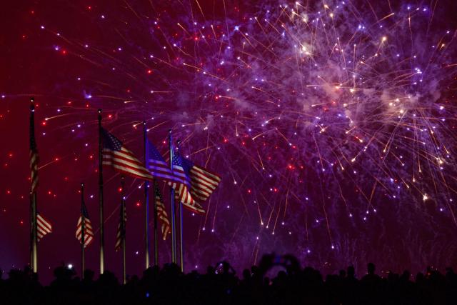 A fireworks display is seen during the "Salute to America" Independence Day celebration on the National Mall in Washington, DC, in the early morning hours of July 5, 2026. The nation is marking the 250th anniversary of the United States Declaration of Indpendence. (Photo by Amid FARAHI / AFP)