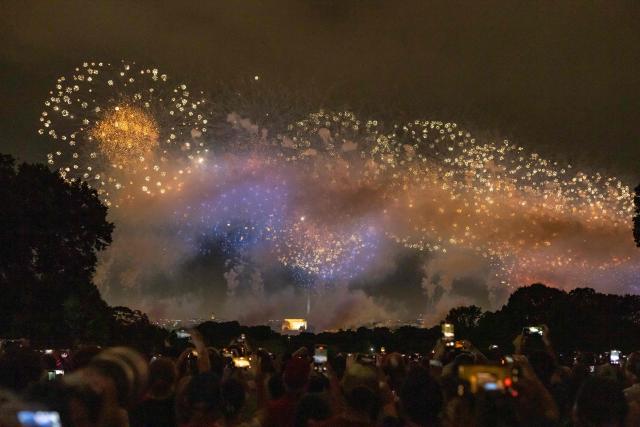 A fireworks display is seen during the "Salute to America" Independence Day celebration on the National Mall in Washington, DC, in the early morning hours of July 5, 2026. The nation is marking the 250th anniversary of the United States Declaration of Indpendence. (Photo by Ken Cedeno / AFP)