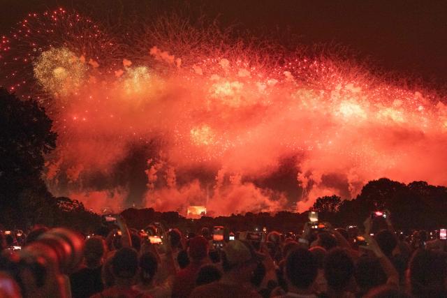 A fireworks display is seen during the "Salute to America" Independence Day celebration on the National Mall in Washington, DC, in the early morning hours of July 5, 2026. The nation is marking the 250th anniversary of the United States Declaration of Indpendence. (Photo by Ken Cedeno / AFP)