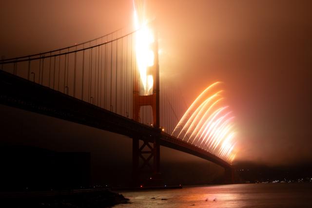 Fireworks illuminate the Golden Gate Bridge during celebrations marking the 250th anniversary of US Independence Day in San Francisco, California on July 4, 2026. (Photo by Karl Mondon / AFP)