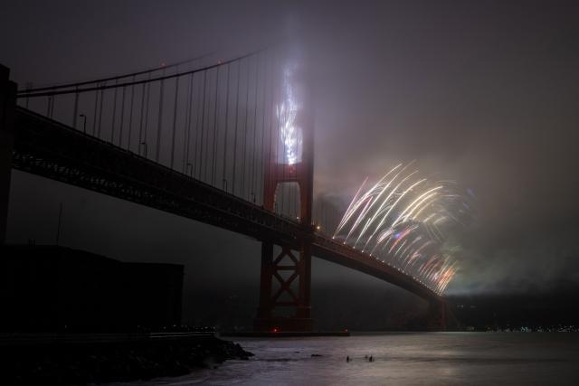 Fireworks illuminate the Golden Gate Bridge during celebrations marking the 250th anniversary of US Independence Day in San Francisco, California on July 4, 2026. (Photo by Karl Mondon / AFP)