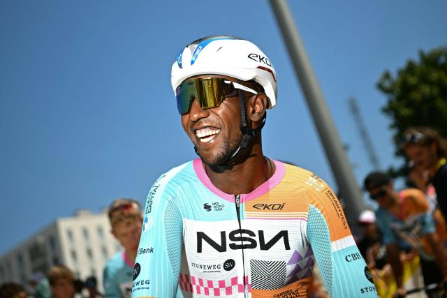 NSN Cycling Team's Eritrean rider Biniam Girmay awaits the start of the 2nd stage of the 113th edition of the Tour de France cycling race, 168,5 km between Tarragona and Barcelona in northeastern Spain, on July 5, 2026. (Photo by Loic VENANCE / AFP)