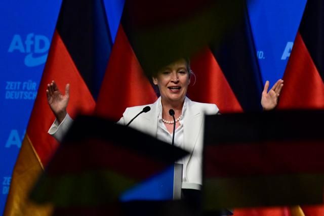 AfD co-leader Alice Weidel addresses delegates as they wave German flags at the end of the party congress of far-right Alternative for Germany (AfD) at the Messe Erfurt fairground in Erfurt, eastern Germany on July 5, 2026.  (Photo by John MACDOUGALL / AFP)