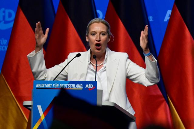 AfD co-leader Alice Weidel addresses delegates at the end of the party congress of far-right Alternative for Germany (AfD) at the Messe Erfurt fairground in Erfurt, eastern Germany on July 5, 2026.  (Photo by John MACDOUGALL / AFP)