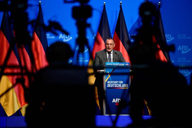 AfD co-leader Tino Chrupalla addresses delegates at the end of the party congress of far-right Alternative for Germany (AfD) at the Messe Erfurt fairground in Erfurt, eastern Germany on July 5, 2026.  (Photo by John MACDOUGALL / AFP)
