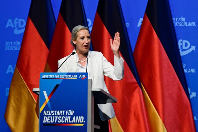 AfD co-leader Alice Weidel addresses delegates at the end of the party congress of far-right Alternative for Germany (AfD) at the Messe Erfurt fairground in Erfurt, eastern Germany on July 5, 2026.  (Photo by John MACDOUGALL / AFP)