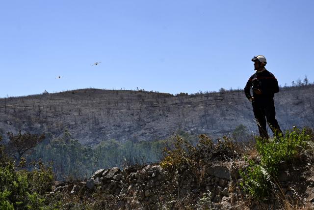 A French firefighter stands in front of a burnt landscape as a wildfire rages near Trevillach, southern France, on July 5, 2026. A wildfire broke out on July 4 at around 19h30 (1730 GMT) in a hard-to-reach massif near Trevillach, in the Pyrenees-Orientales department of southern France and spread rapidly overnight, burning through nearly 1,000 hectares by the morning of July 5, but the fire is no longer spreading freely, according to the prefecture. More than 580 firefighters have been deployed on the ground to fight the blaze. (Photo by Matthieu RONDEL / AFP)