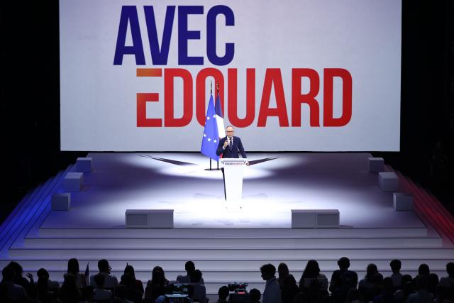 French right-wing party Horizons founder and president, mayor of Le Havre and candidate for the 2027 French presidential election Edouard Philippe delivers a speech on stage during his presidential election campaign rally at the Adidas Arena, in northern Paris on July 5, 2026. (Photo by SIMON WOHLFAHRT / AFP)