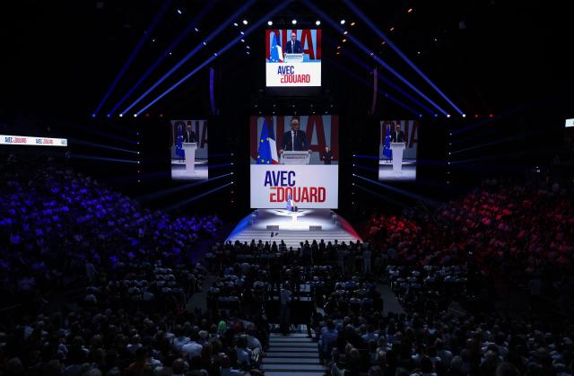 French right-wing party Horizons founder and president, mayor of Le Havre and candidate for the 2027 French presidential election Edouard Philippe delivers a speech on stage during his presidential election campaign rally at the Adidas Arena, in northern Paris on July 5, 2026. (Photo by SIMON WOHLFAHRT / AFP)