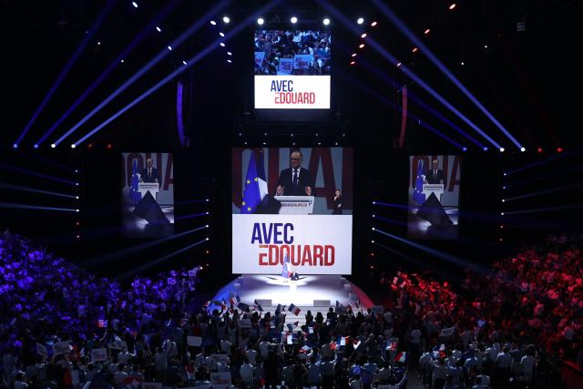 French right-wing party Horizons founder and president, mayor of Le Havre and candidate for the 2027 French presidential election Edouard Philippe delivers a speech on stage during his presidential election campaign rally at the Adidas Arena, in northern Paris on July 5, 2026. (Photo by SIMON WOHLFAHRT / AFP)
