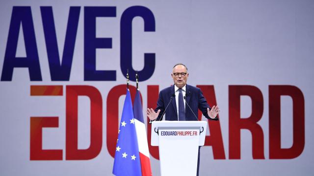 French right-wing party Horizons founder and president, mayor of Le Havre and candidate for the 2027 French presidential election Edouard Philippe reacts as he delivers a speech on stage during his presidential election campaign rally at the Adidas Arena, in northern Paris on July 5, 2026. (Photo by SIMON WOHLFAHRT / AFP)