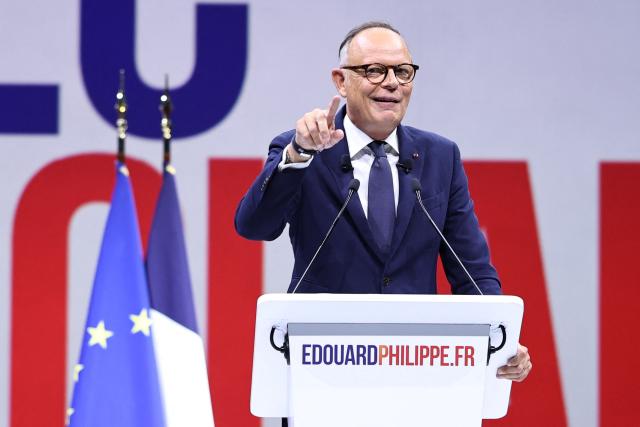 French right-wing party Horizons founder and president, mayor of Le Havre and candidate for the 2027 French presidential election Edouard Philippe reacts as he delivers a speech on stage during his presidential election campaign rally at the Adidas Arena, in northern Paris on July 5, 2026. (Photo by SIMON WOHLFAHRT / AFP)