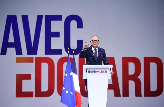 French right-wing party Horizons founder and president, mayor of Le Havre and candidate for the 2027 French presidential election Edouard Philippe reacts as he delivers a speech on stage during his presidential election campaign rally at the Adidas Arena, in northern Paris on July 5, 2026. (Photo by SIMON WOHLFAHRT / AFP)