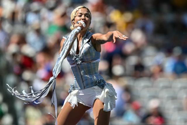 British singer Rita Ora performs before the start of the ICC Women's T20 cricket world cup 2026 final between Australia and England, at Lord's in London on July 5, 2026. (Photo by JUSTIN TALLIS / AFP)