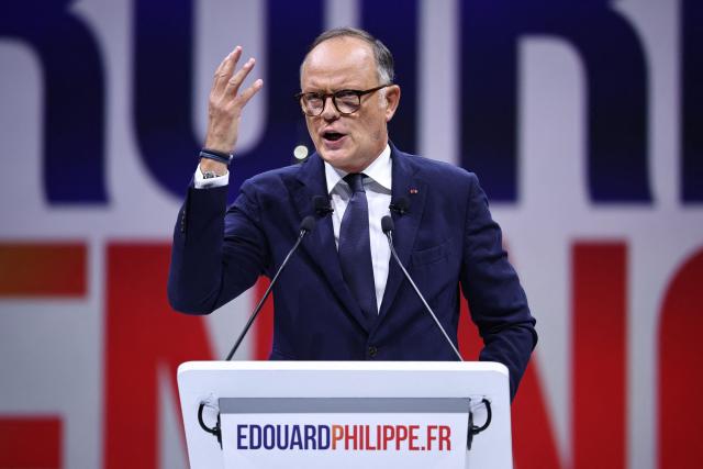 French right-wing party Horizons founder and president, mayor of Le Havre and candidate for the 2027 French presidential election Edouard Philippe gestures as he delivers a speech on stage during his presidential election campaign rally at the Adidas Arena, in northern Paris on July 5, 2026. (Photo by SIMON WOHLFAHRT / AFP)