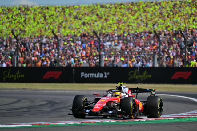 Ferrari's British driver Lewis Hamilton drives during the Formula One British Grand Prix at the Silverstone motor racing circuit in Silverstone, central England, on July 5, 2026. (Photo by Andrej ISAKOVIC / AFP)