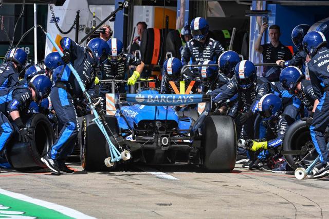Williams' Spanish driver Carlos Sainz stops into the pit during the Formula One British Grand Prix at the Silverstone motor racing circuit in Silverstone, central England, on July 5, 2026. (Photo by PETER POWELL / POOL / AFP)