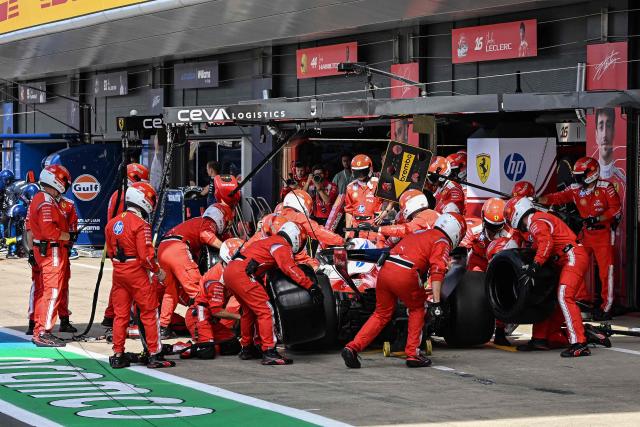 Ferrari's Monegasque driver Charles Leclerc stops in the pits during the Formula One British Grand Prix at the Silverstone motor racing circuit in Silverstone, central England, on July 5, 2026. (Photo by PETER POWELL / POOL / AFP)
