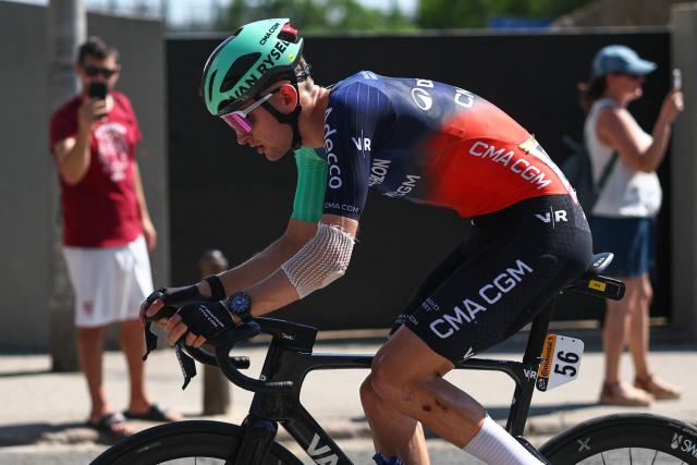 Decathlon CMA CGM Team's French rider Paul Seixas cyles, using a teammates bicycle during the 2nd stage of the 113th edition of the Tour de France cycling race, 168,5 km between Tarragona and Barcelona in northeastern Spain, on July 5, 2026. (Photo by Anne-Christine POUJOULAT / AFP)