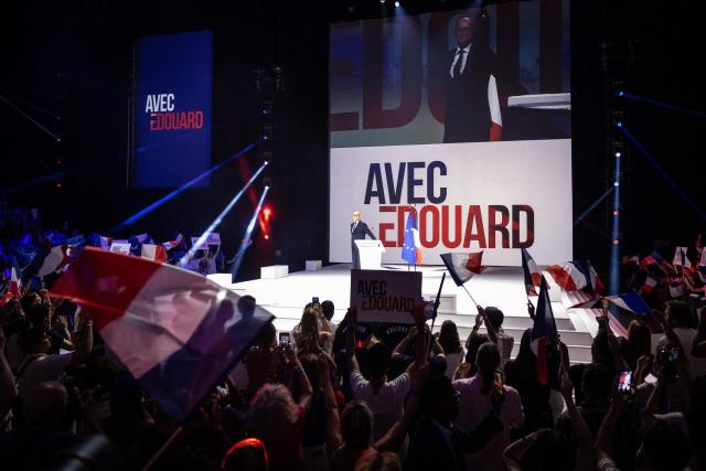 French right-wing party Horizons founder and president, mayor of Le Havre and candidate for the 2027 French presidential election Edouard Philippe delivers a speech on stage during his presidential election campaign rally at the Adidas Arena, in northern Paris on July 5, 2026. (Photo by Simon WOHLFAHRT / AFP)