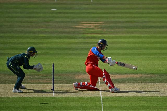 England's Freya Kemp plays a shot during the ICC Women's T20 cricket world cup 2026 final between Australia and England, at Lord's in London on July 5, 2026. (Photo by JUSTIN TALLIS / AFP)